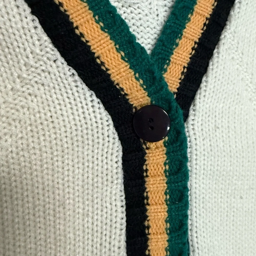 Vtg Arnold Palmer White Cardigan Sweater with Striped Trim - Picture 7 of 8